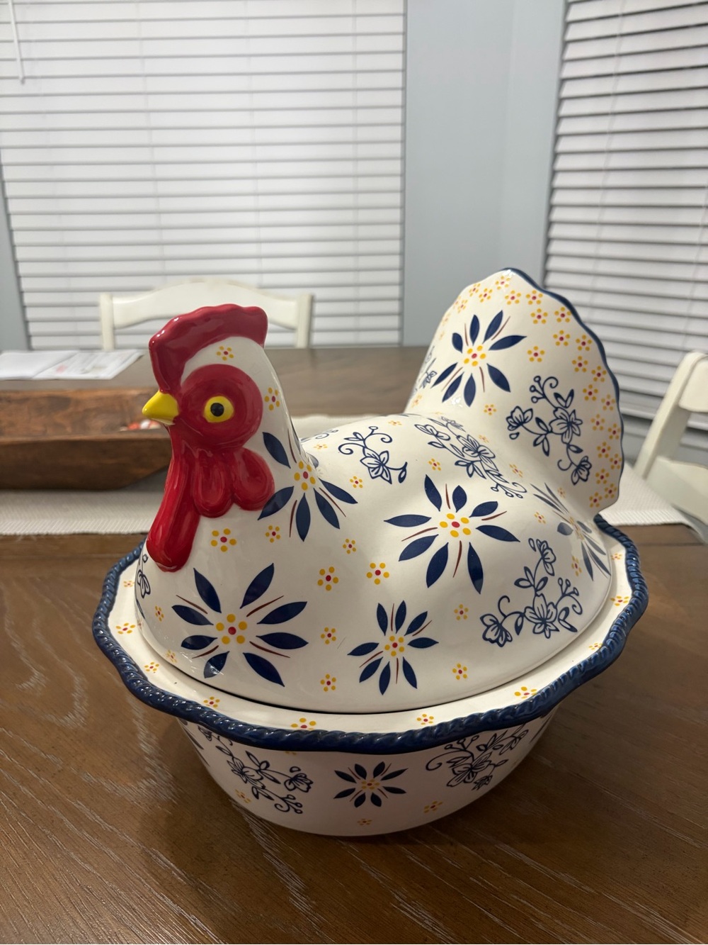 Temptations Ceramic Hen Covered Casserole in White, Blue & Red